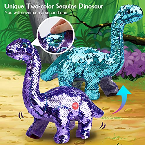 Remote Control Reversible Sequins Dinosaur Toy for 2 Years Old & Up Girls Boys, RC Dino Can Repeat & Walk & Roar& Sing, Christmas Birthday Gifts for Toddlers Kids