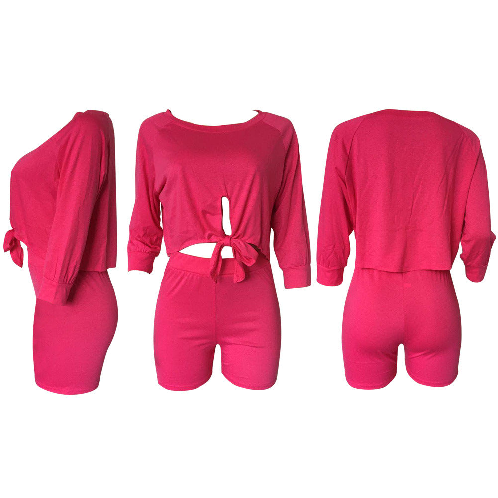 Fashion Shoulder-Baring Sleeve Midriff-Baring Top Shorts Two-Piece Set