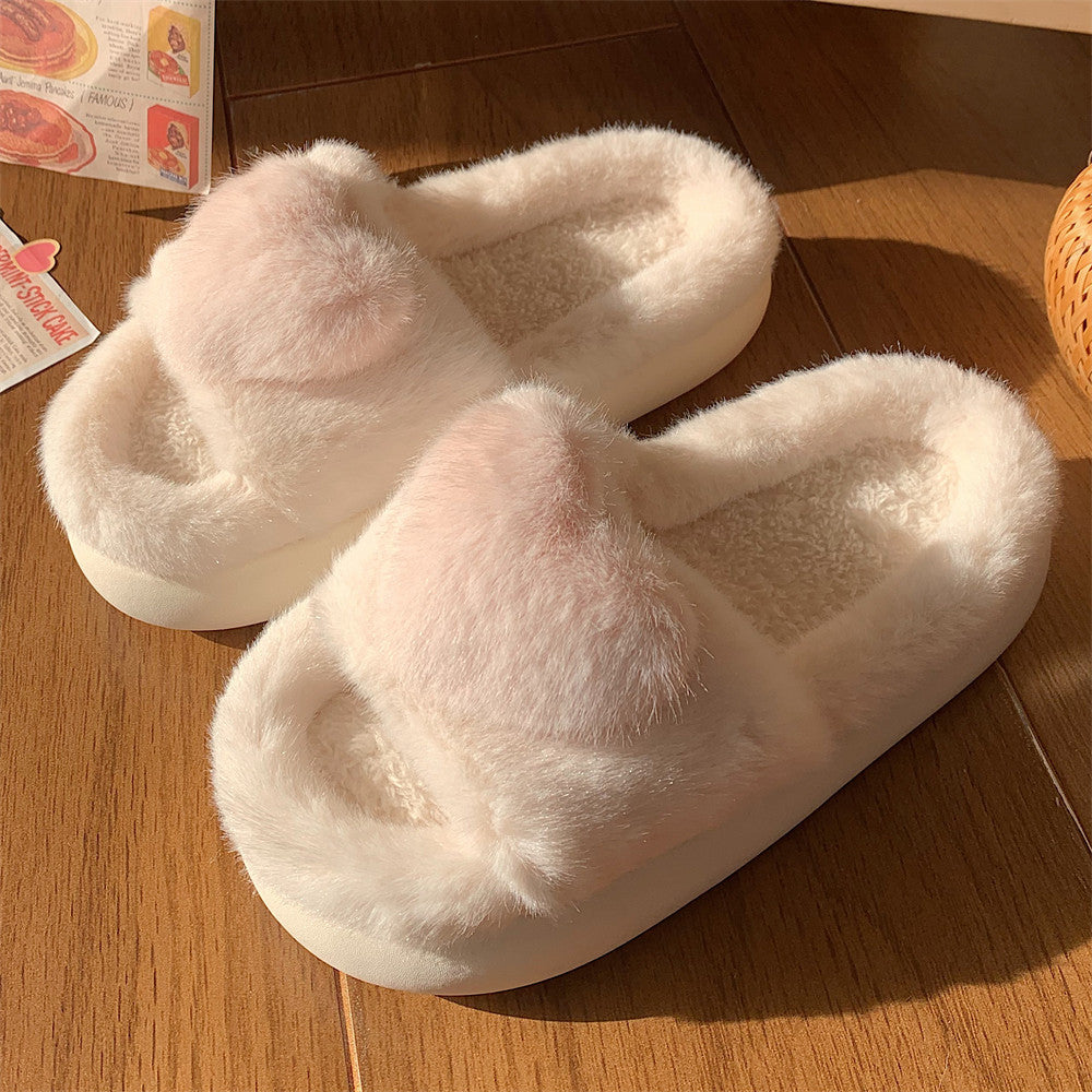 1 Pair Women's Heart Design Plush Slippers, Warm Bedroom Slippers,  Fluffy Winter House Shoes Indoor And Outdoor For Women & Girls