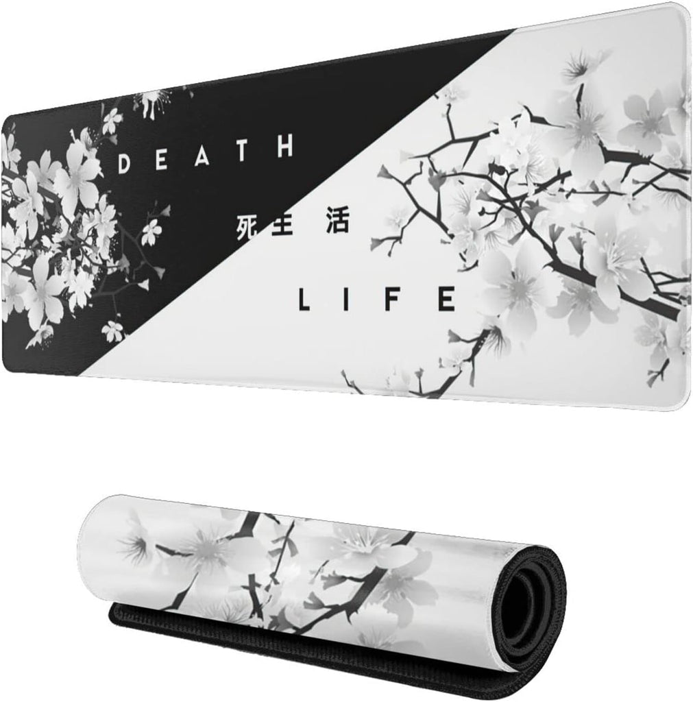 Black and White Cherry Blossom Gaming Mouse Pad XL, Extended Stitched Edges,Large Mouse Mat Desk Pad, Long Non Slip Rubber Base Mice Pad