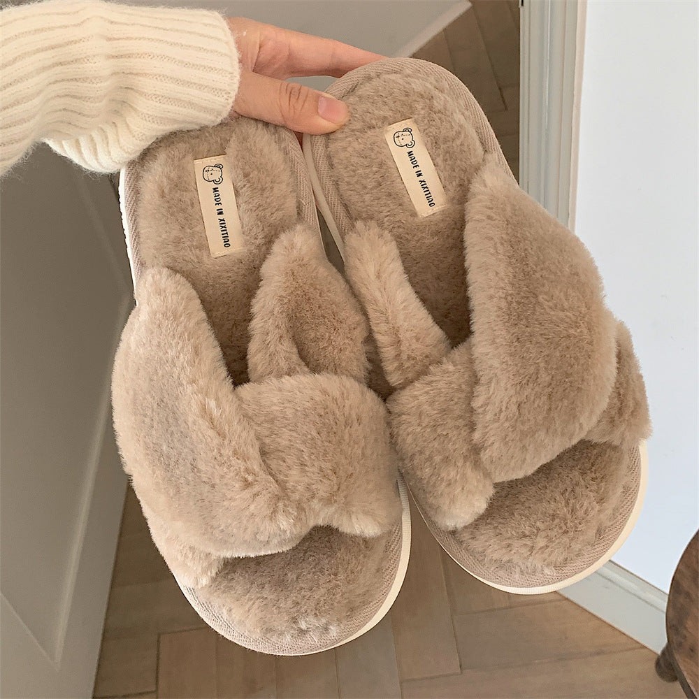1 Pair Women's Elegant Fashionable Fluffy Slippers with Criss Cross Design, Casual Simple Style Plain Color Open Toe Flat Slippers, Versatile Shoes For Outdoor Activities For Fall & Winter