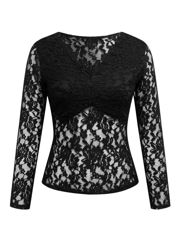 Women's Floral Lace Scallop Trim Deep V Neck Tee, Casual Long Sleeve Sheer T-Shirt for Spring & Fall, Women's Clothes, Please Purchase A Size Up