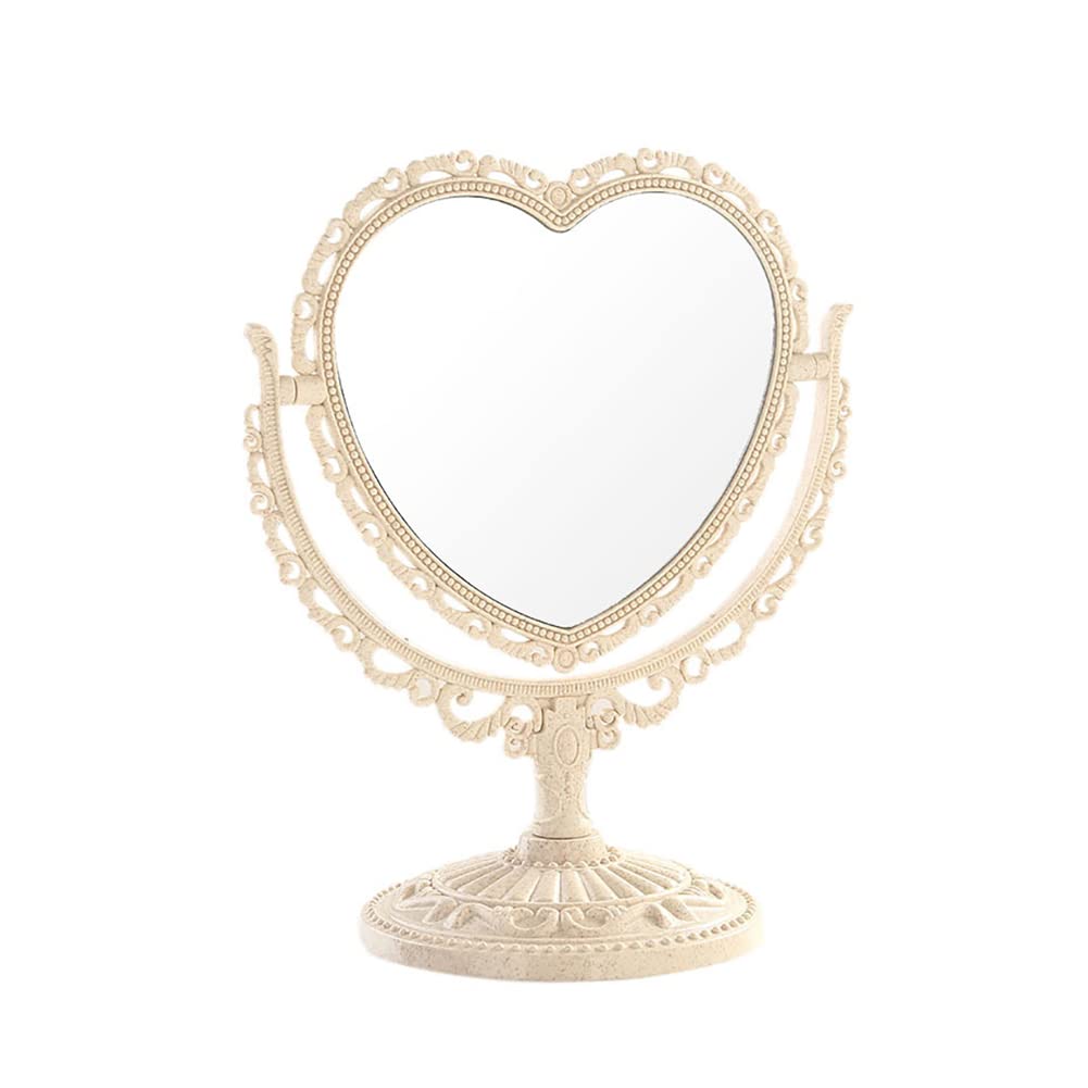 Plastic Heart Shaped Makeup Mirror Tabletop Cosmetic Mirror Double Sided Mirror Rotatable Vanity Mirror for Women Girls Beige