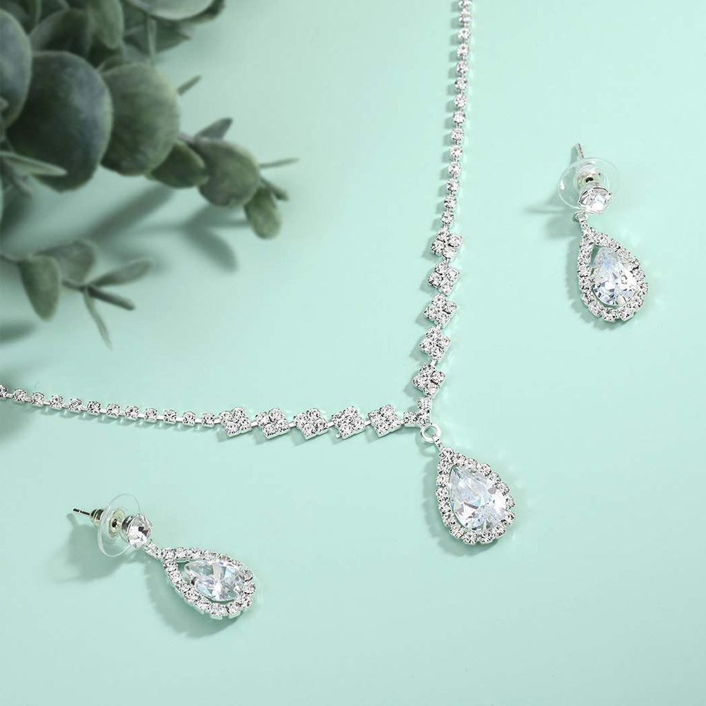 Bride Wedding Necklace Earrings Set Silver Rhinestones Necklaces Bridal Crystal Jewelry Accessories for Women and Girls (Set of 3)