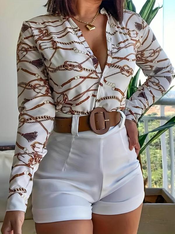 Women's Chain Print Long Sleeve Stand Collar Button Up Shirt, Casual Mock Neck Button Front Blouse Top, Button Down Shirts for Women Spring & Fall
