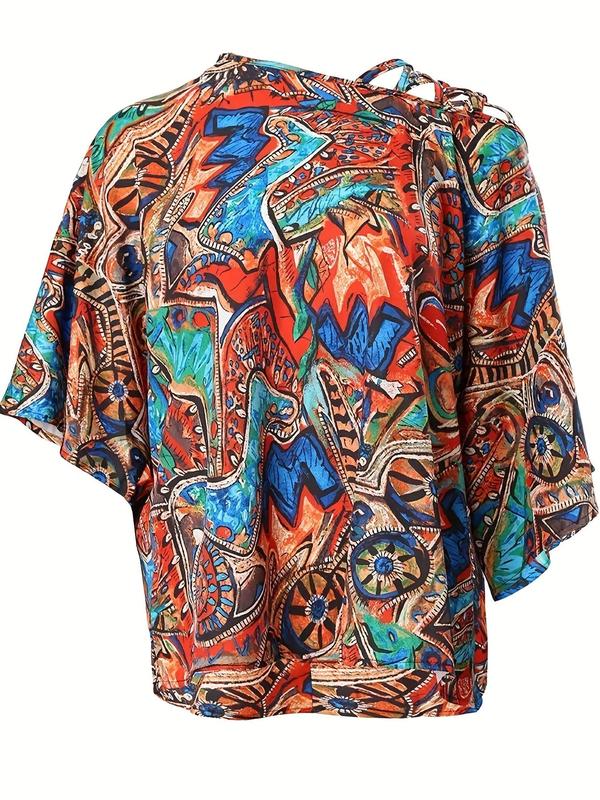 Women's Ethnic Pattern Cut Out Asymmetrical Neck Blouse, Casual Boho Batwing Sleeve Top For Spring & Fall, Women's Clothes For Vacation Holiday Beach