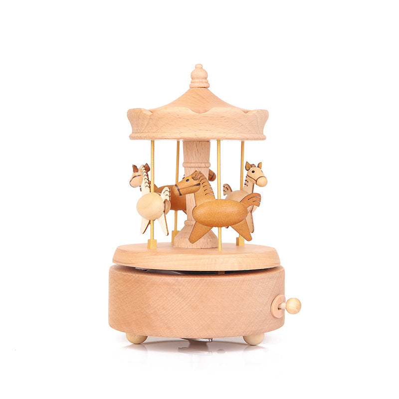 Carousel Music Box Wooden Merry-Go-Round Horse Musical Box Turn Horse Shaped Wood Crafts Birthday Christmas Gifts Home Decor