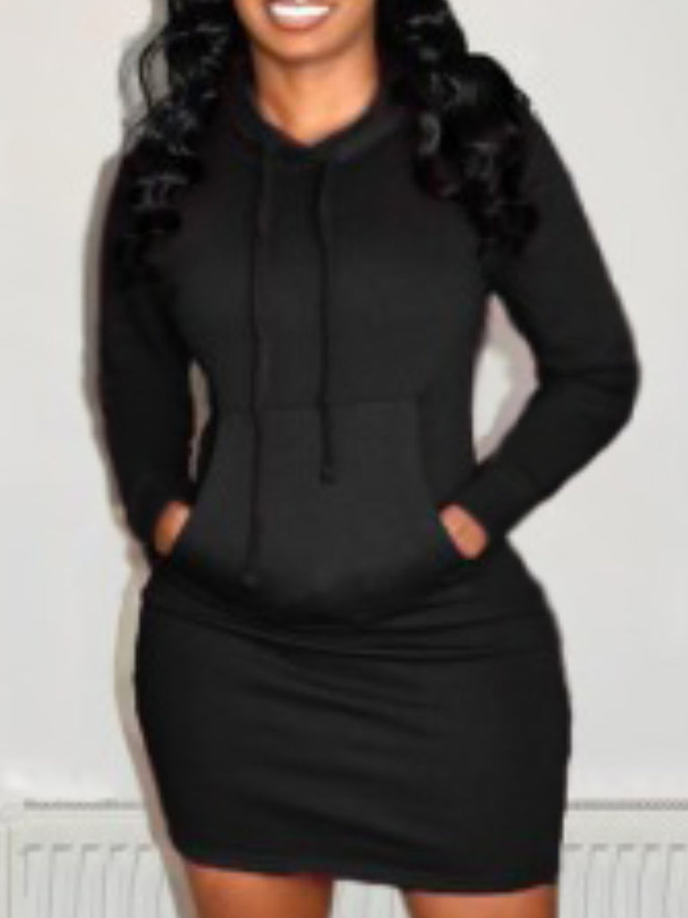 Plus Size Drawstring Hoodie Dress, Casual Long Sleeve Pocket Hooded Sweat Dress for Spring & Fall, Women's Clothes, Please Purchase A Size Up
