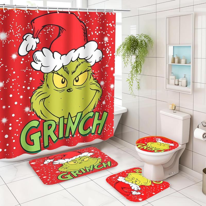 Christmas Shower Curtain 4 Piece Sets with Non-Slip Rugs,Toilet Lid Cover and Bath Mat,Christmas Shower Curtain with 12 Hooks Bathroom Set Holiday Home Decor