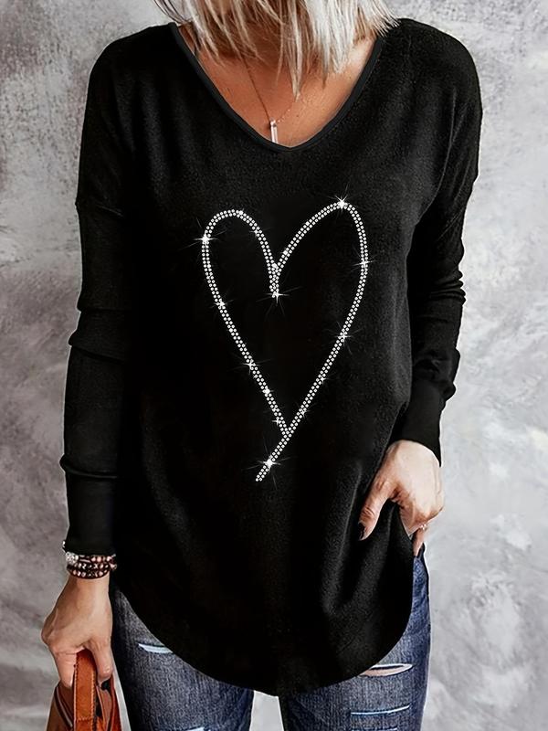 Women's Plain Heart Print Rhinestones Decor V Neck T-shirt, Casual Trendy Drop Shoulder Tee For Spring & Fall Daily Wear, Ladies Clothes Tops