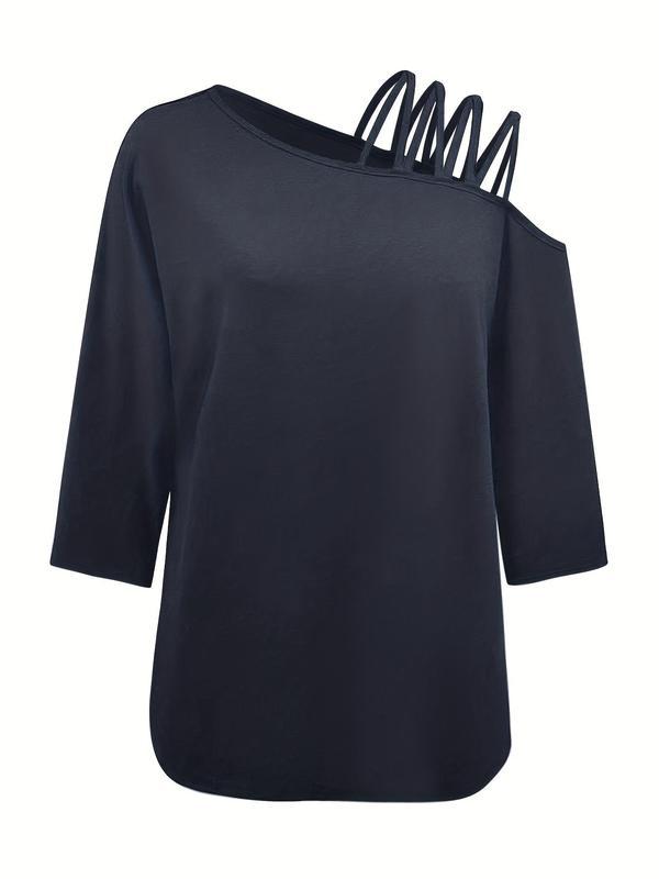 Women's 3/4 Batwing Sleeve Asymmetrical Neck Tee, Casual Black Cut Out T-Shirt, Spring & Summer Top, Ladies Clothes