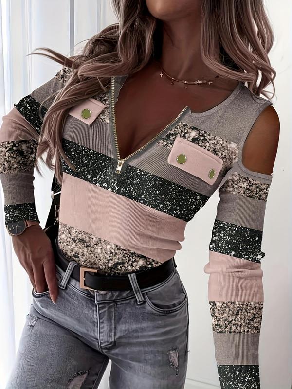Women's Patchwork Print Cold Shoulder Zip Up Tee, Fashion Casual Graphic Cold Shoulder Top for Daily Outdoor Wear, Women Clothing for Spring Fall