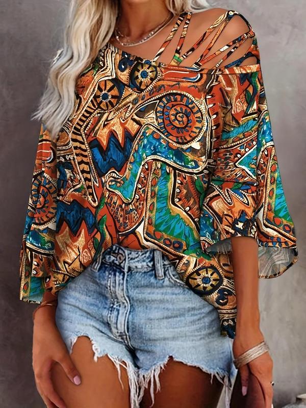 Women's Ethnic Pattern Cut Out Asymmetrical Neck Blouse, Casual Boho Batwing Sleeve Top For Spring & Fall, Women's Clothes For Vacation Holiday Beach