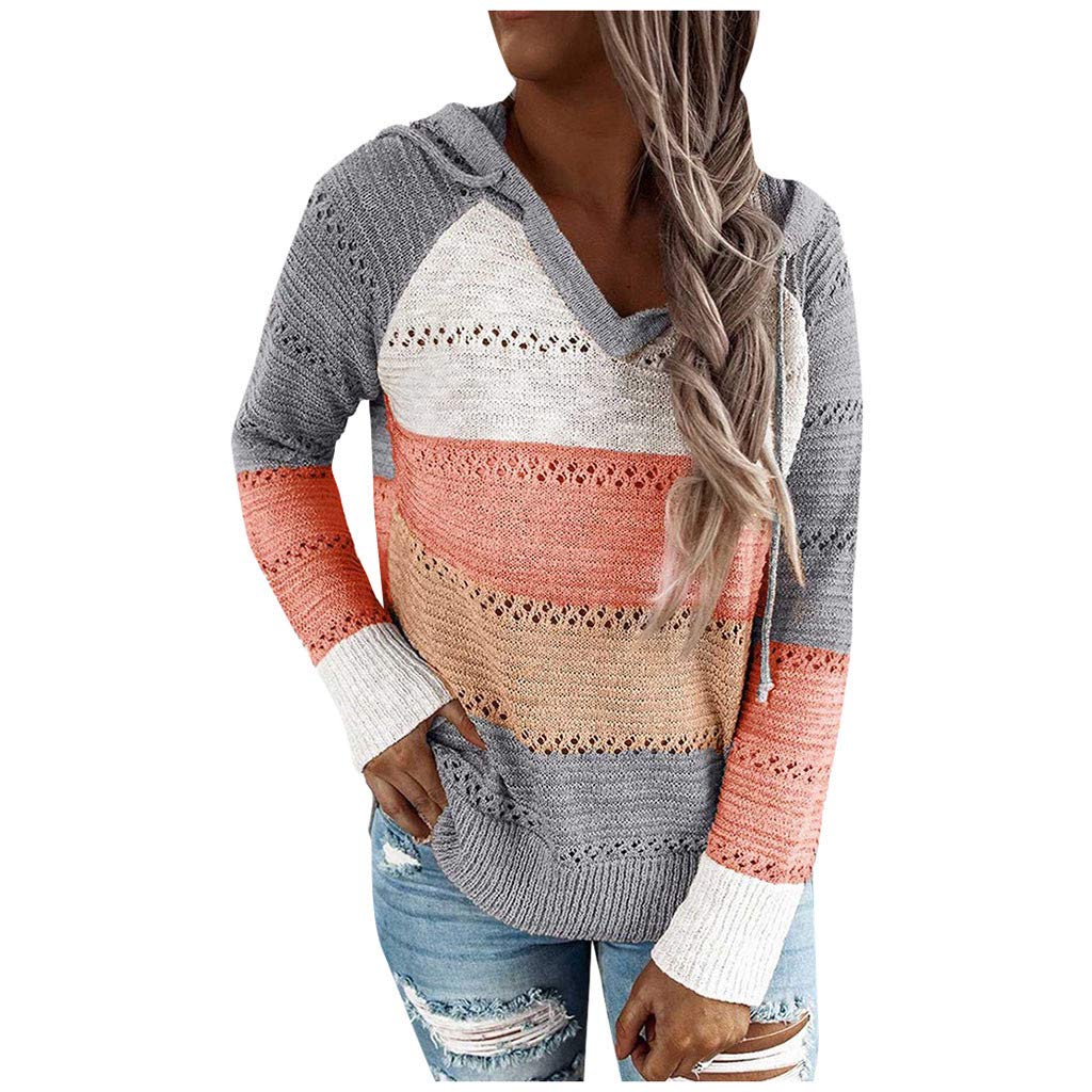 Women's Hoodies Color Block Knit Sweaters Long Sleeve V Neck Drawstring Loose Pullover Sweatshirts Streetwear