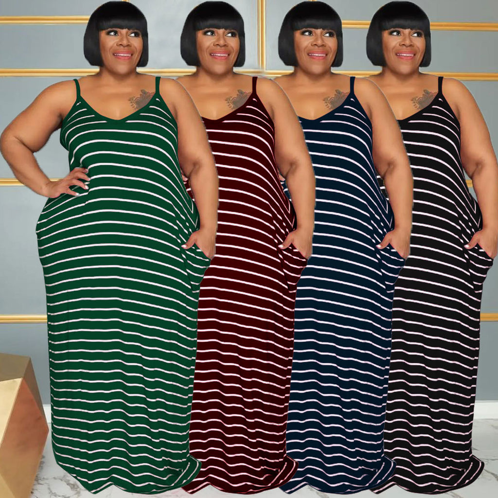 Women's Striped Suspender Dress Large Size Women's Dress for Plump Girls