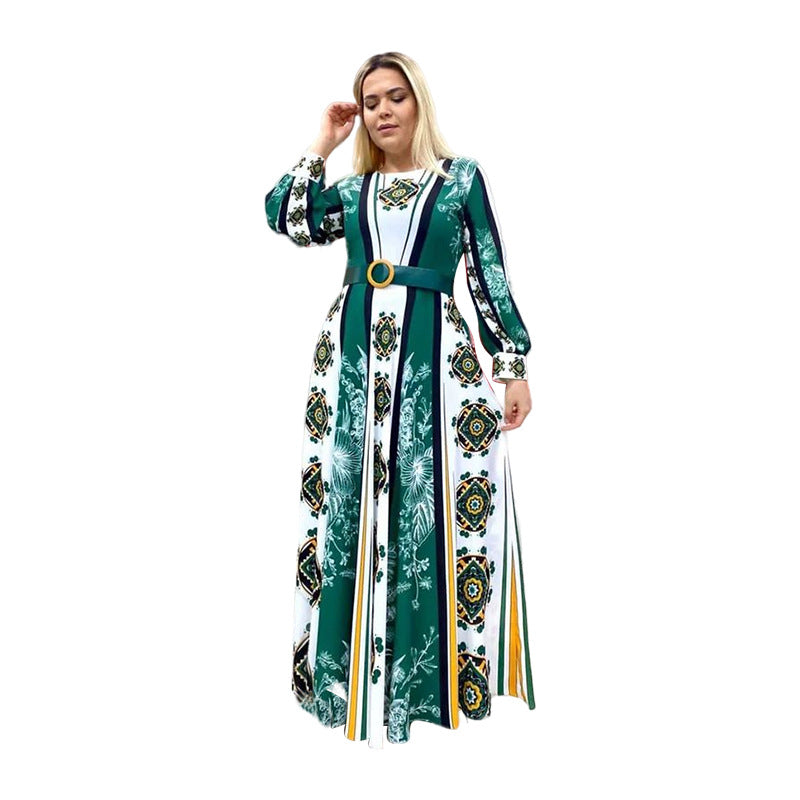 150.00kg Stitching Long Sleeve Striped Printed round Neck A- line Large Swing Dress Cocktail Party
