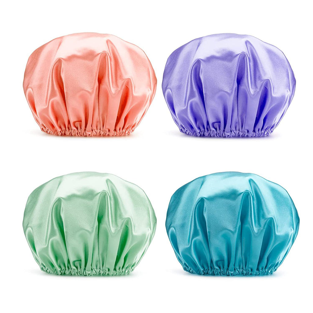 4pcs Solid Color Elastic Hair Bonnet, Double Layer Waterproof Shower Cap, Hair Drying Cap For Women