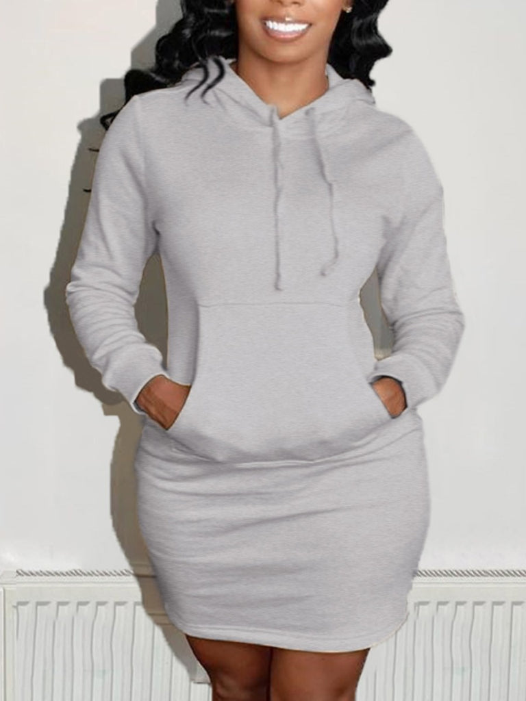 Plus Size Drawstring Hoodie Dress, Casual Long Sleeve Pocket Hooded Sweat Dress for Spring & Fall, Women's Clothes, Please Purchase A Size Up