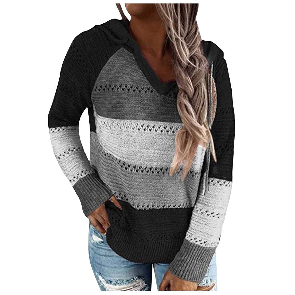 Women's Hoodies Color Block Knit Sweaters Long Sleeve V Neck Drawstring Loose Pullover Sweatshirts Streetwear