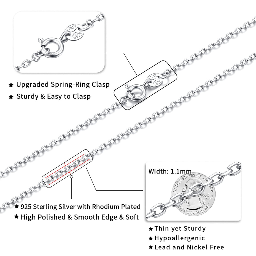 Sterling Silver Chain Necklace Chain for Women Girls 1.1mm Cable Chain Necklace Upgraded Spring-Ring Clasp - Thin & Sturdy - Italian Quality 16/18/20/22Inch