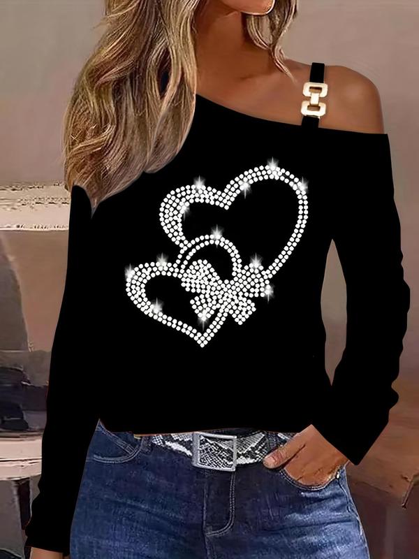 Women's Heart Print Chain Decor Asymmetrical Neck Tee, Casual Fashion Long Sleeve T-Shirt For Spring & Fall, Ladies Clothes For Daily Holiday Party