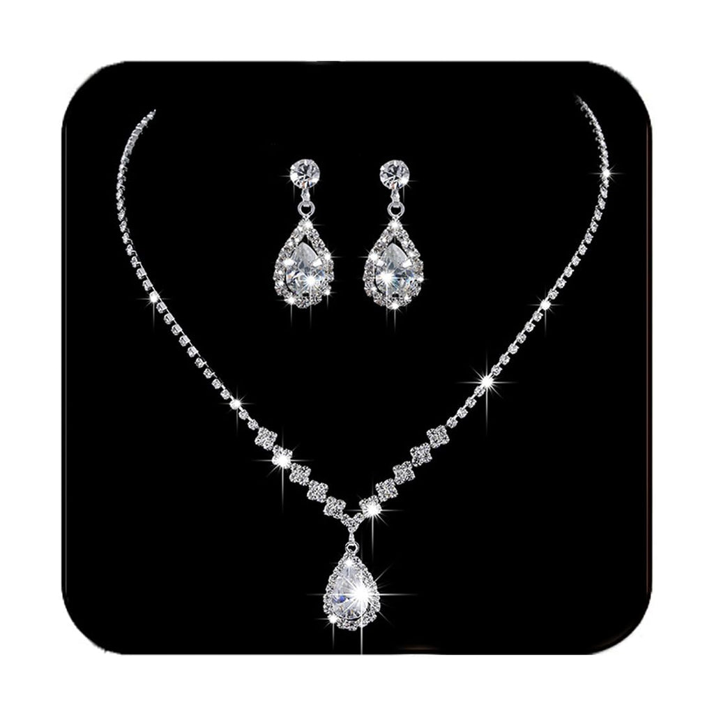 Bride Wedding Necklace Earrings Set Silver Rhinestones Necklaces Bridal Crystal Jewelry Accessories for Women and Girls (Set of 3)