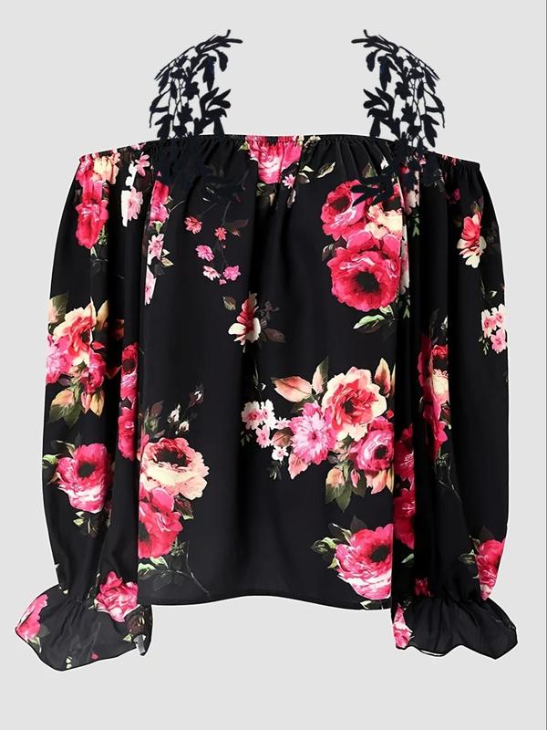 Women's Floral Print Lace Patchwork Blouse, Elegant Cold Shoulder Ruffle Bishop Long Sleeve Blouse for Fall & Winter