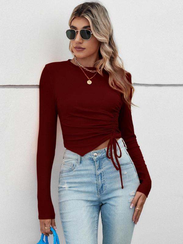 Women's Plain Ruched Drawstring Round Neck Crop Tee, Asymmetrical Long Sleeve T-Shirt, Ladies Casual Top for Spring & Fall