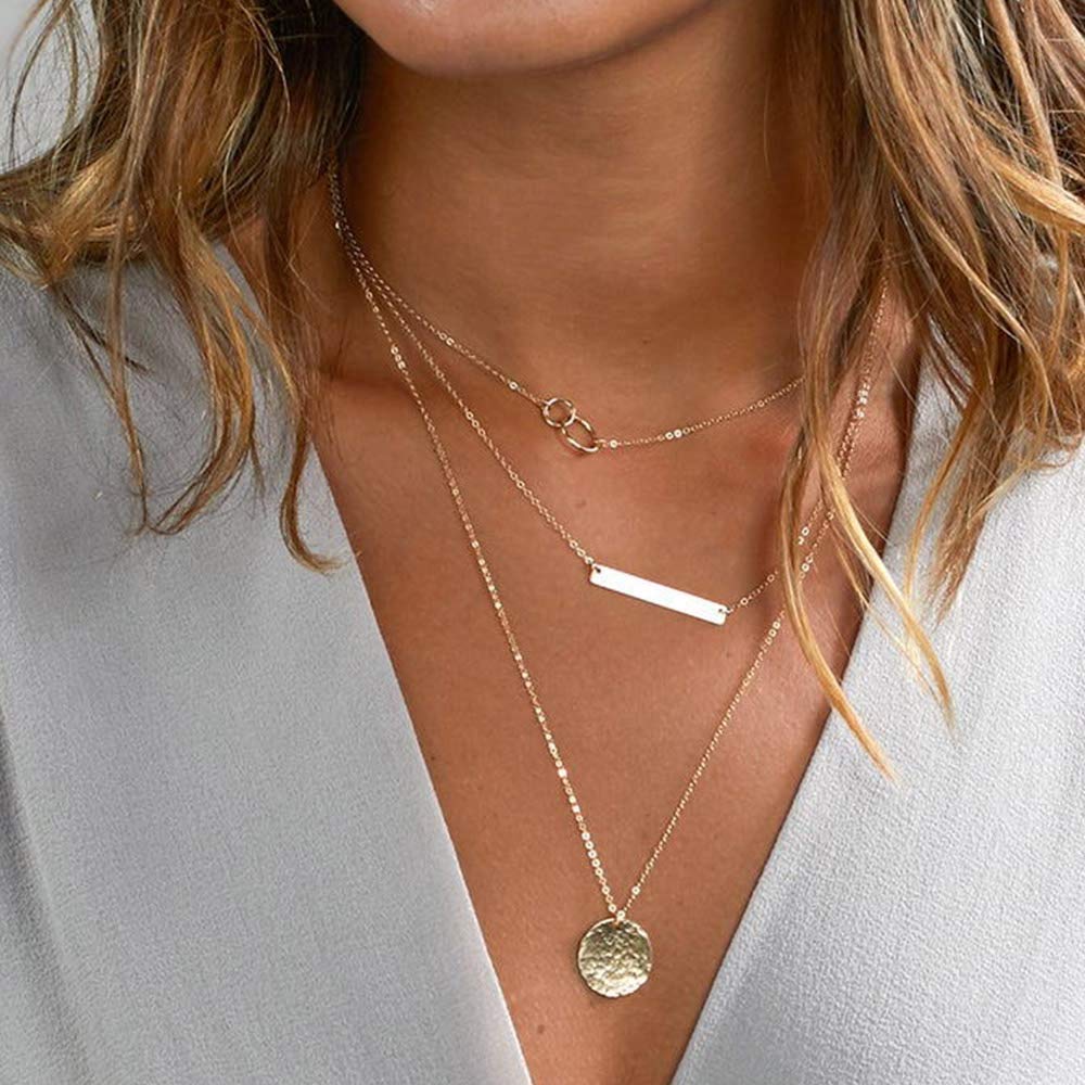 Dainty Layered Choker Necklace, Handmade 14K Gold Plated Y Pendant Necklace Multilayer Bar Disc Necklace Adjustable Layering Choker Necklaces for Women