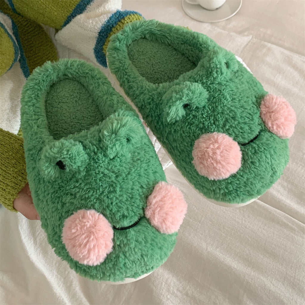 Women's Cute Cartoon Frog Design Slide Slippers for Girls, Winter Plush Warm Bedroom Fuzzy Slippers, Non-slip Comfortable Home Footwear & Walking Shoes, Holiday Gifts