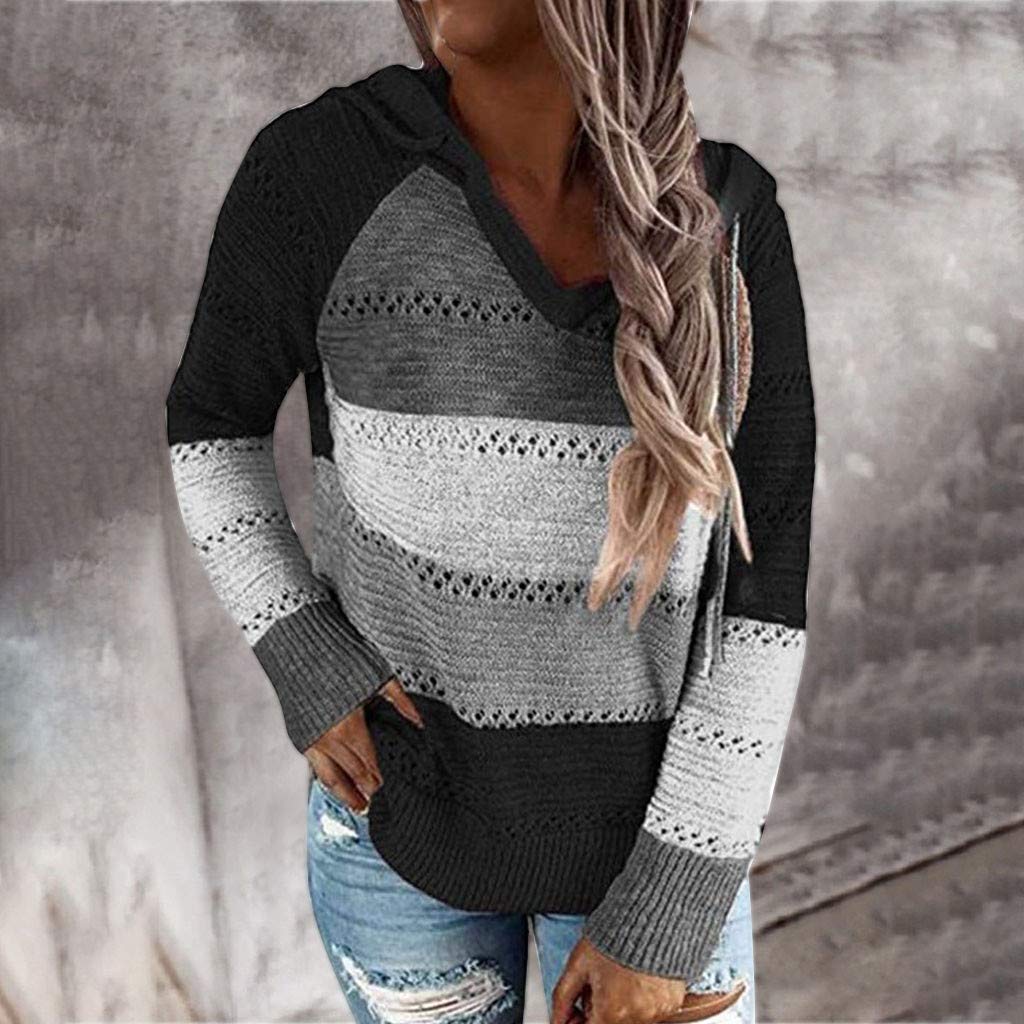 Women's Hoodies Color Block Knit Sweaters Long Sleeve V Neck Drawstring Loose Pullover Sweatshirts Streetwear