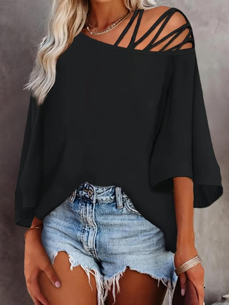 Women's 3/4 Batwing Sleeve Asymmetrical Neck Tee, Casual Black Cut Out T-Shirt, Spring & Summer Top, Ladies Clothes