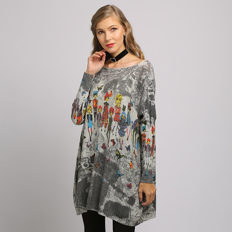 Autumn New Large Size Loose and Simple Printed Sweater Batwing Sleeve Pullover Sweater for Women