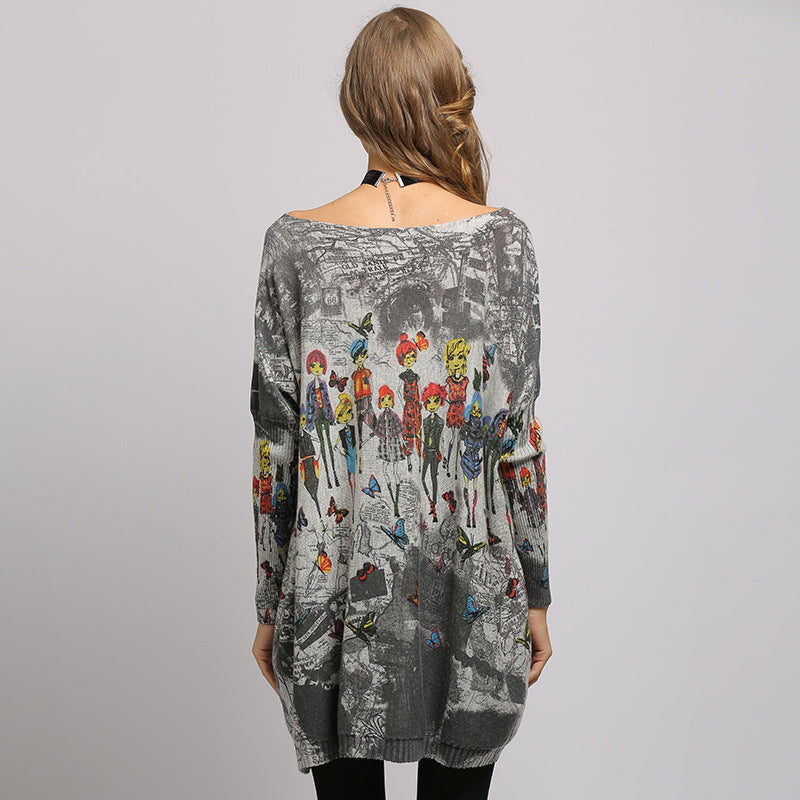 Autumn New Large Size Loose and Simple Printed Sweater Batwing Sleeve Pullover Sweater for Women