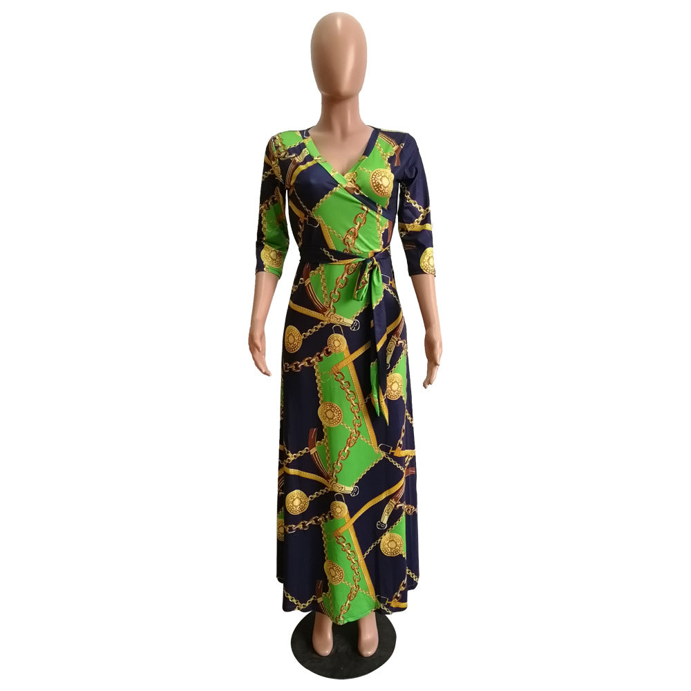 YM-8193 women fahshion 3/4 sleeve v neck foral printed maxi dress