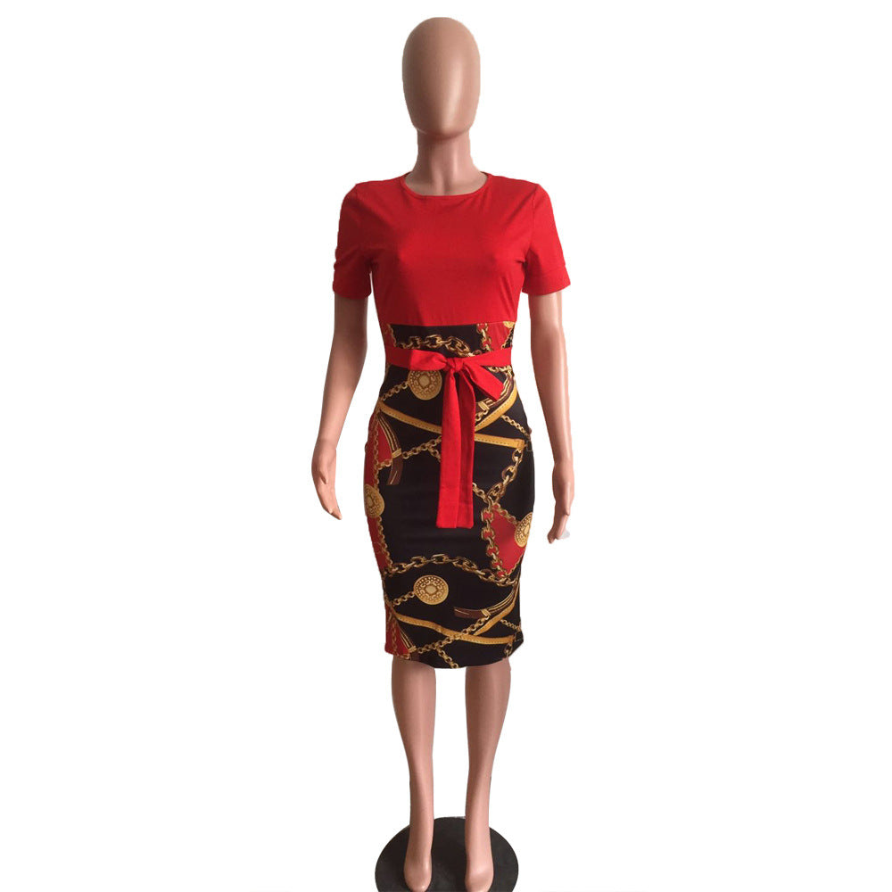 X9121 Women's fashion casual print short-sleeved bag hip dress