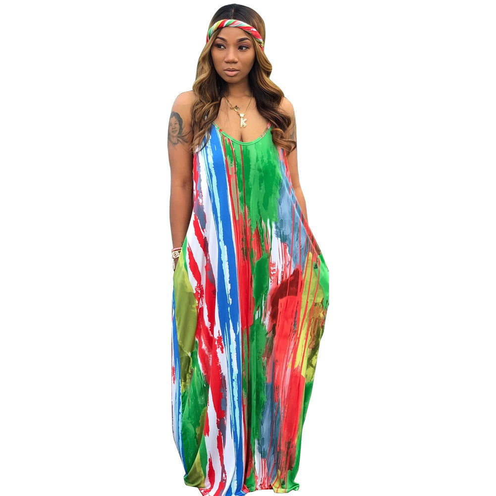 Bestseller Tie-Dyed Colorful Printing Strap Loose Dress