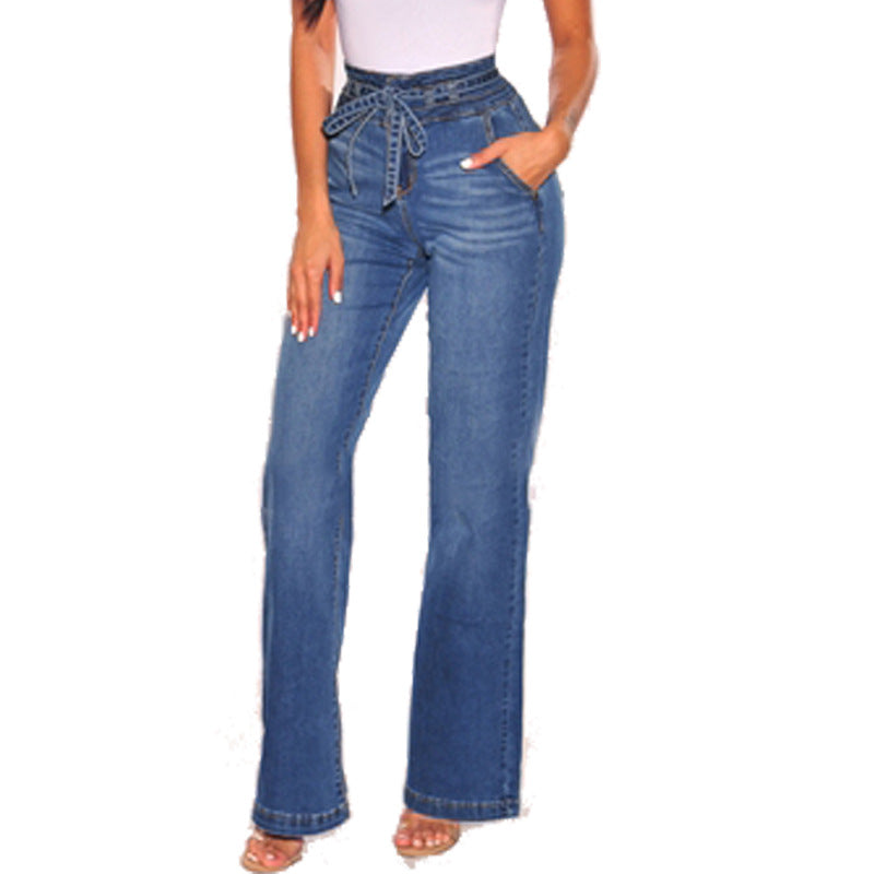 High Waist Wide Leg Tight Hip Belt Trousers Jeans for Women