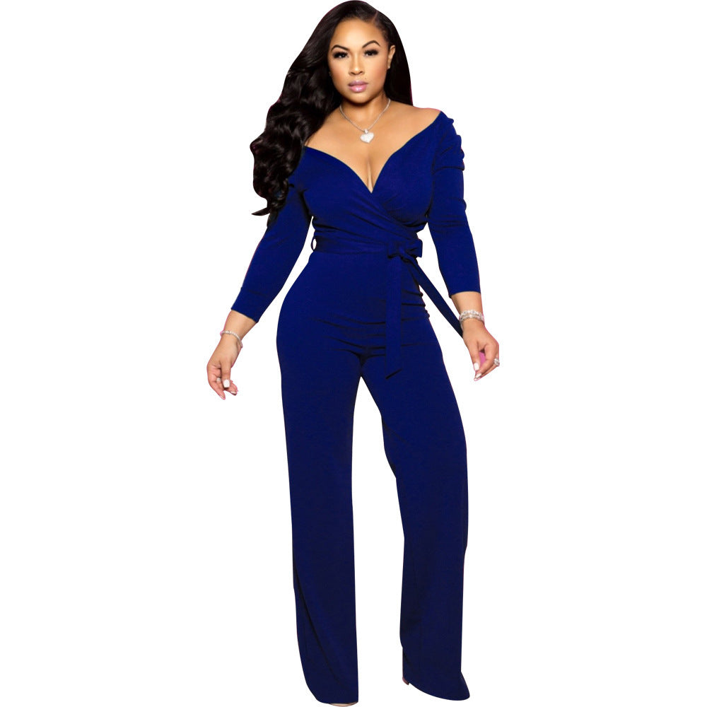 Bestseller European and American Fashion Long Sleeve Solid Color and V-neck Tight Jumpsuit