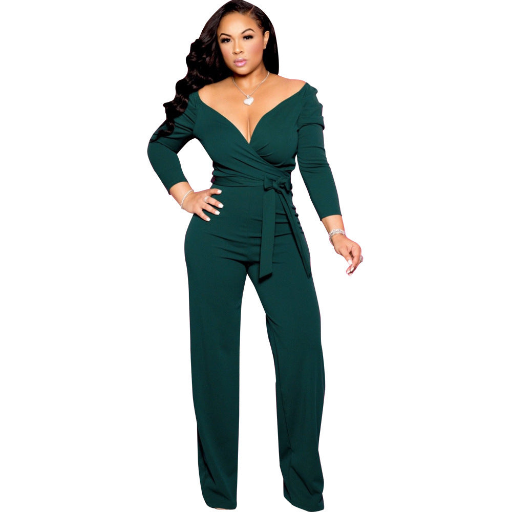 Bestseller European and American Fashion Long Sleeve Solid Color and V-neck Tight Jumpsuit