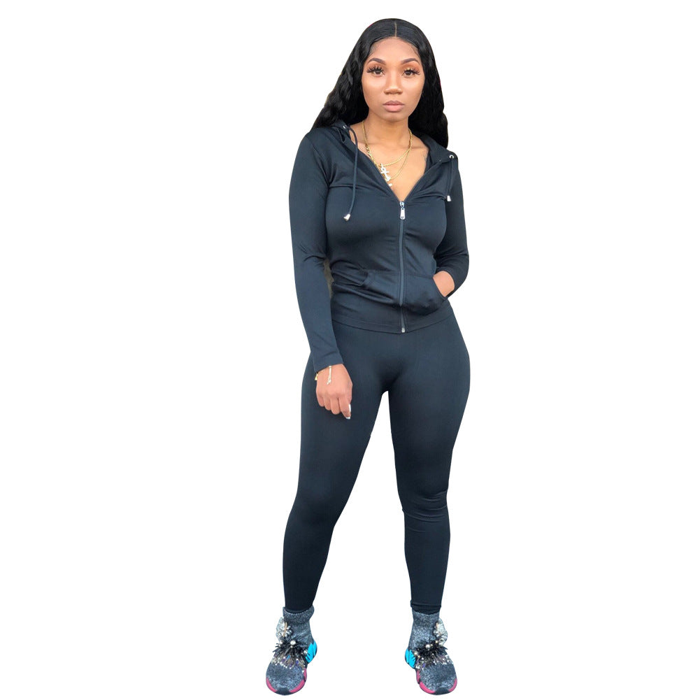 X9179 Hooded Zipper Sweatshirt Tights Two-Piece Sports Suit Autumn and Winter