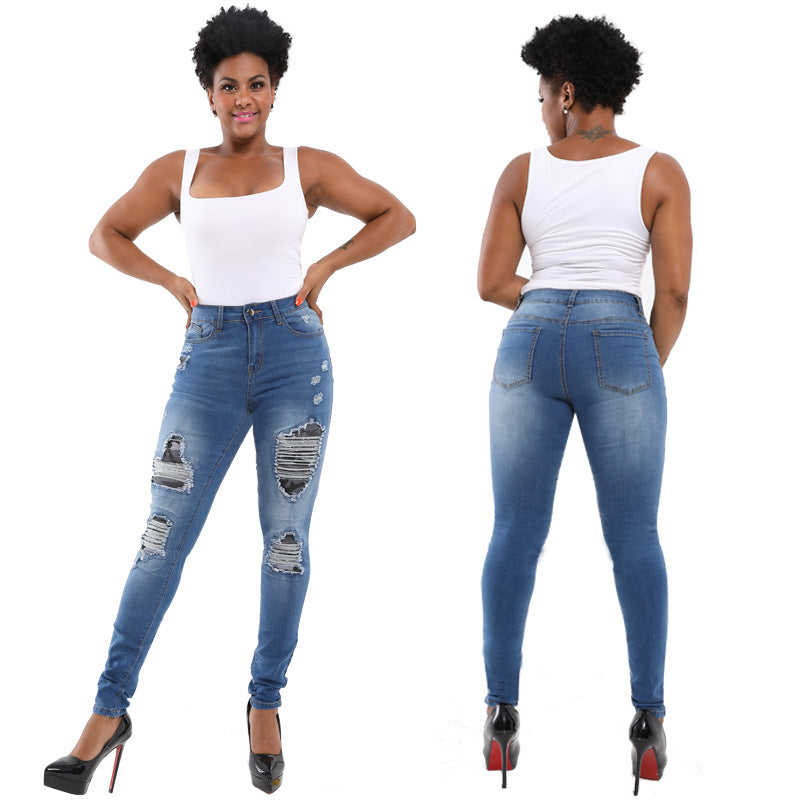 Street Trend Ripped Jeans Large Skinny Hip Raise Women's Jeans