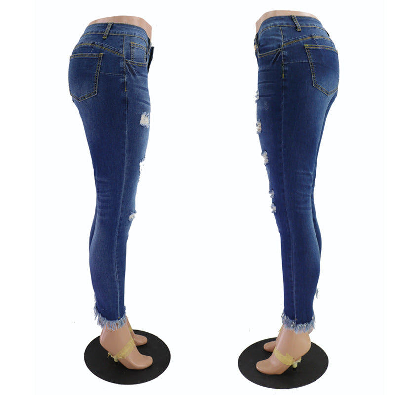 Simple Ripped Irregular Tassel-Foot Blue Women's Dress Jeans