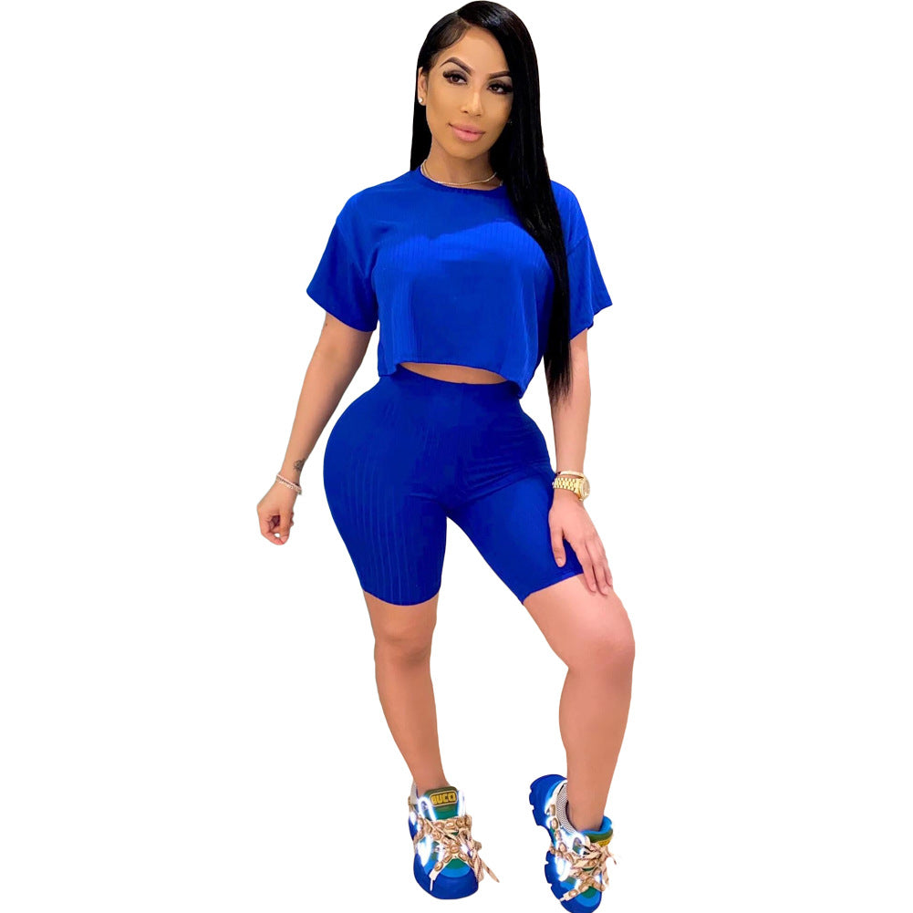 Solid Color Short Sleeve Midriff-Baring Top Tight Shorts Suit
