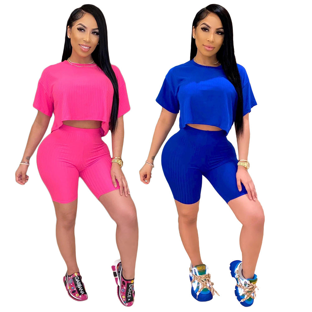 Solid Color Short Sleeve Midriff-Baring Top Tight Shorts Suit