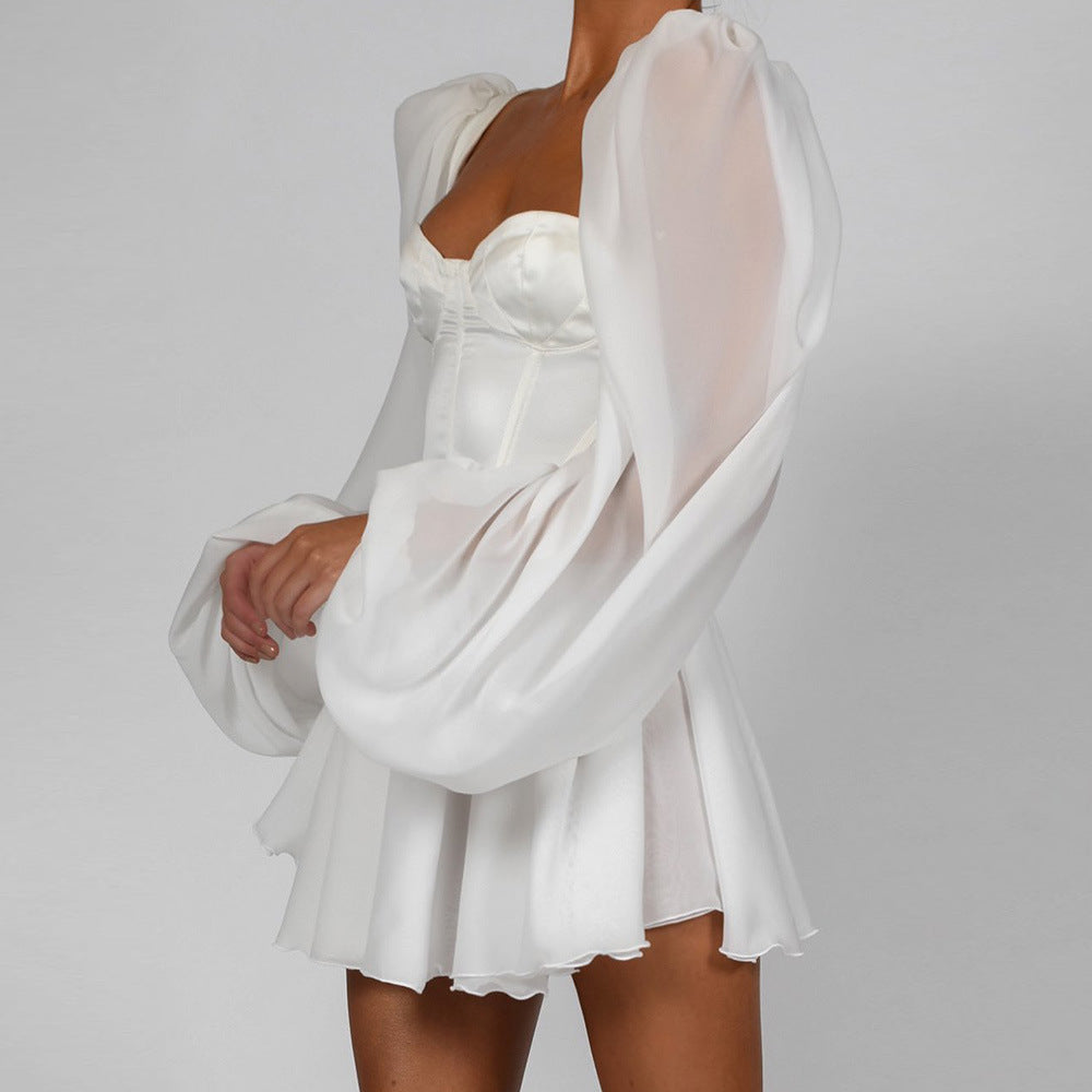 European and American Women's Clothing Lantern Sleeve Ol Elegant Slim Sexy Chiffon Dress