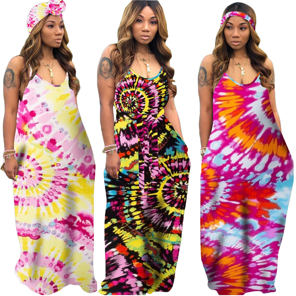 Bestseller Tie-Dyed Colorful Printing Strap Loose Dress