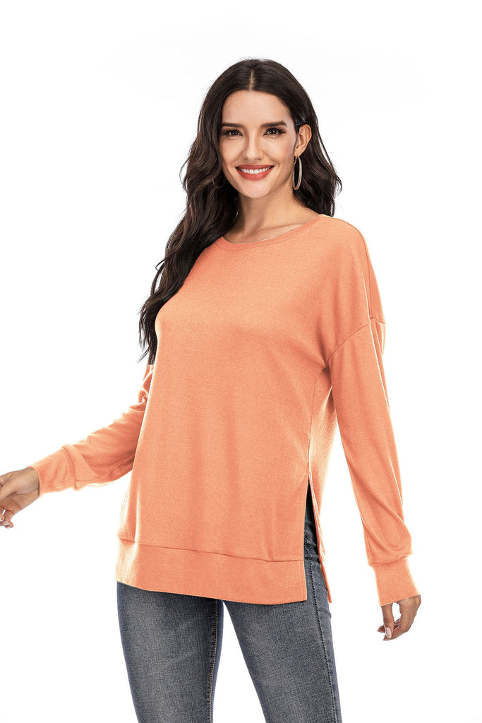 Autumn and Winter New Solid Color Long Sleeve Split Top T-shirt