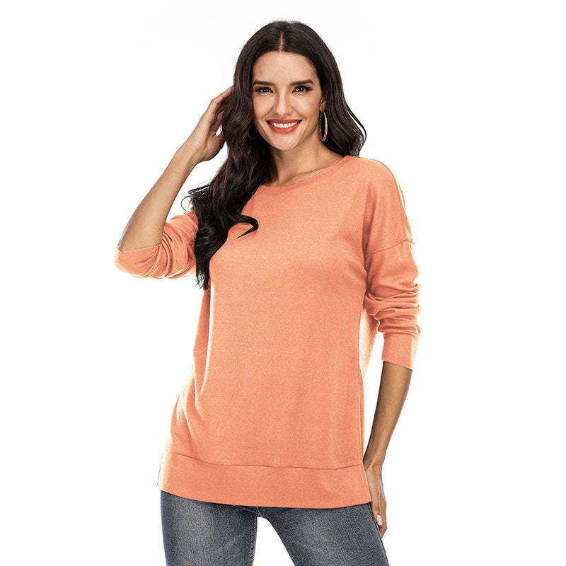 Autumn and Winter New Solid Color Long Sleeve Split Top T-shirt
