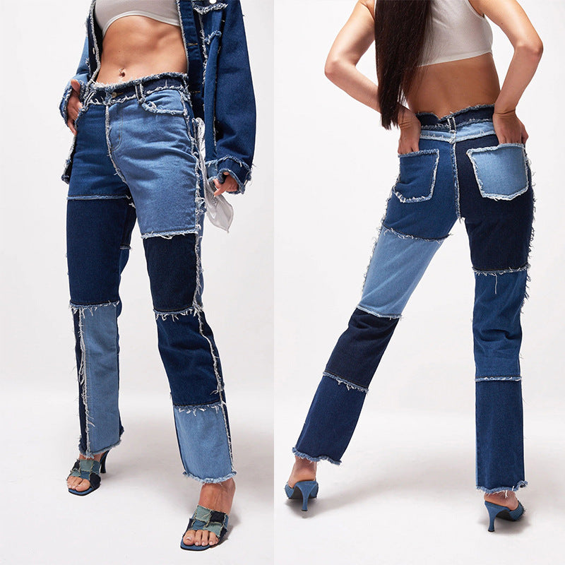 Trendy Mixed Color Stitching High Waist Tight Hip Women's Straight-Leg Denim Trousers